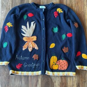 Quacker Factory Fall Autumn Corn Leaves Pumpkin Teacher Sweater Large